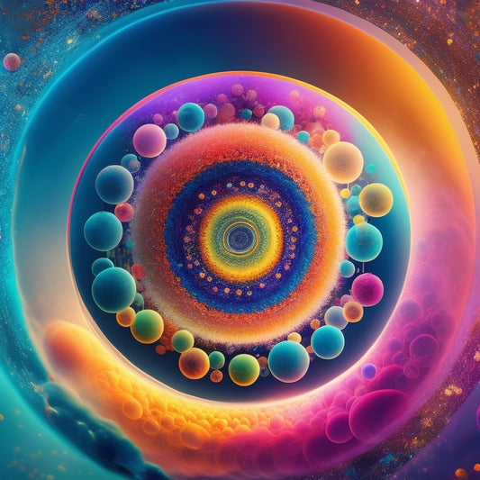 A vibrant, swirling vortex of interconnected circles, radiating from a central point, with varying line weights and colors, surrounded by scattered ideas and concept bubbles in a dreamy, ethereal background.