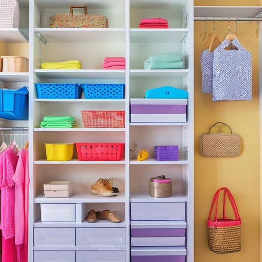 A bright, organized closet with a mix of open shelves, drawers, and hanging rods, featuring a pegboard with colorful bins, baskets, and hooks, amidst a calming white and wood tone background.