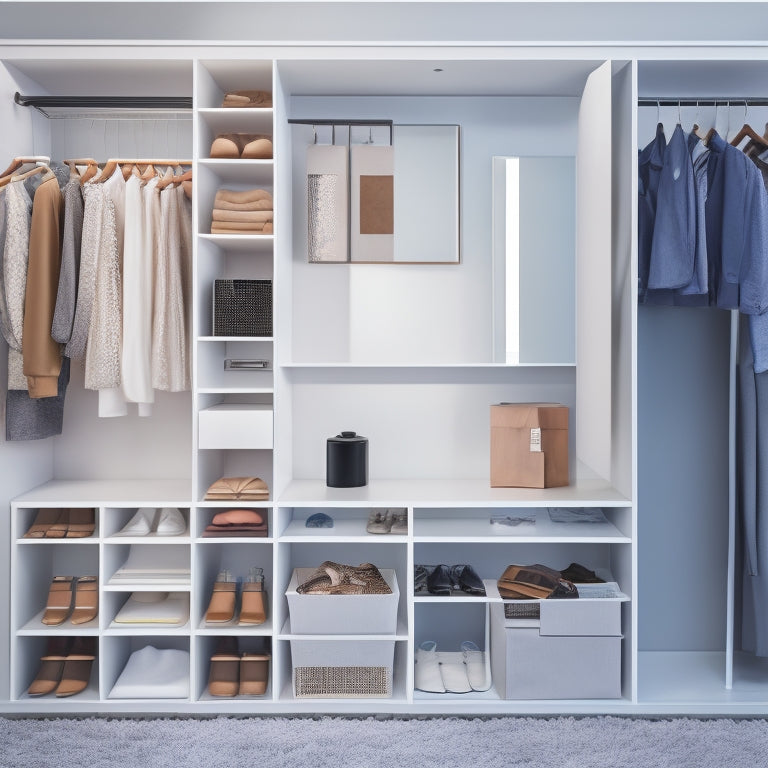 A minimalist, modern closet with a sleek, white shelving system, neatly organized clothes, shoes, and accessories, surrounded by a few digital devices, such as a tablet and a smart speaker.
