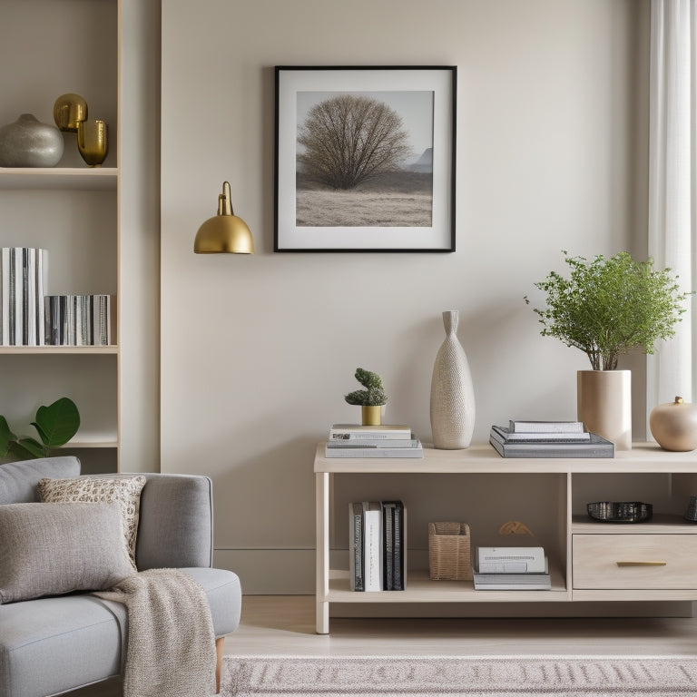 A serene, minimalist living room with a tidy bookshelf, a sleek desk with a single, organized drawer, and a few, carefully chosen decorative pieces on a console table behind a plush, neutral-colored sofa.