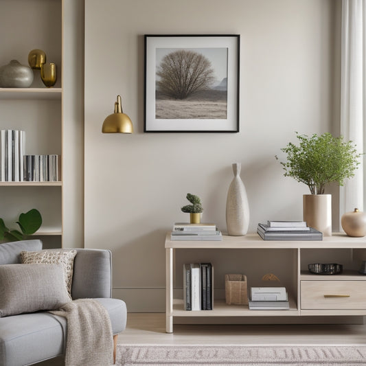 A serene, minimalist living room with a tidy bookshelf, a sleek desk with a single, organized drawer, and a few, carefully chosen decorative pieces on a console table behind a plush, neutral-colored sofa.