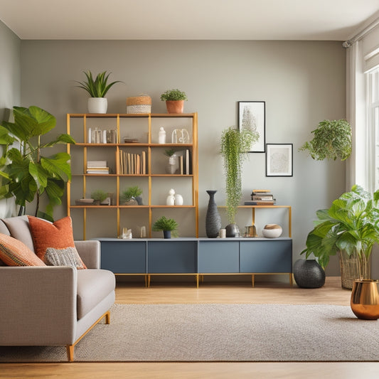 A serene, modern living room with a sleek, wall-to-wall shelving unit, filled with neatly stacked, matching storage bins in various sizes, and a few decorative plants placed on top.