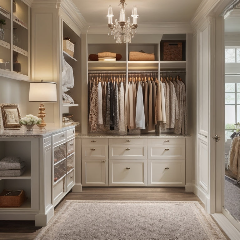 A serene, walk-in closet with cream-colored walls, dark wood shelves, and a central island with a glass countertop, illuminated by soft, warm lighting and adorned with stylish clothing and accessories.