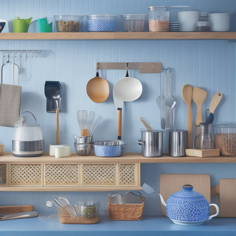 A tidy kitchen counter with a utensil organizer containing neatly arranged whisks, spatulas, and spoons, alongside a matching drawer divider and a pegboard with hanging kitchen tools.