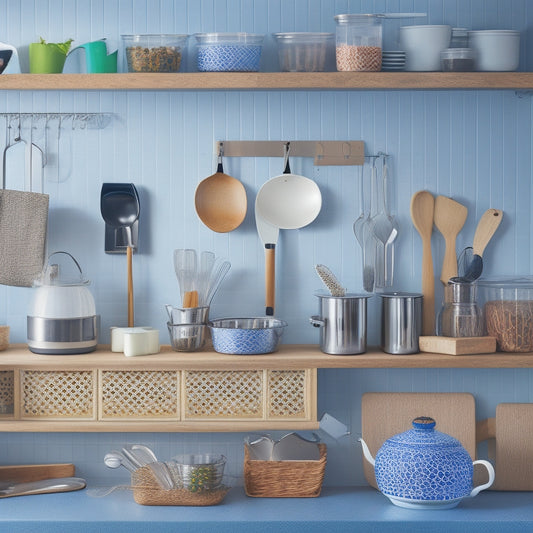 A tidy kitchen counter with a utensil organizer containing neatly arranged whisks, spatulas, and spoons, alongside a matching drawer divider and a pegboard with hanging kitchen tools.