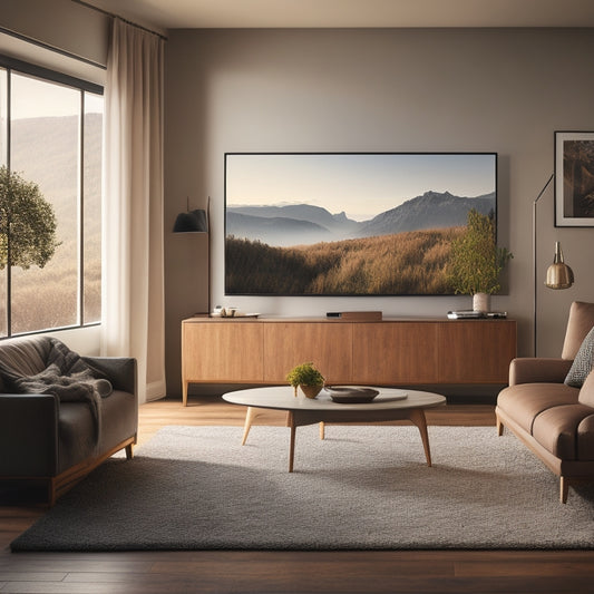 A cozy, modern living room with a sleek, wall-mounted TV console, a compact, ergonomic sofa bed, and a minimalist, space-saving coffee table with built-in storage.