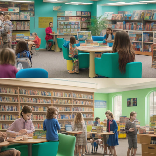 A vibrant and bustling school library scene with colorful bulletin boards featuring 3D objects, photos, and creative layouts, surrounded by shelves of books, comfy reading nooks, and excited students.