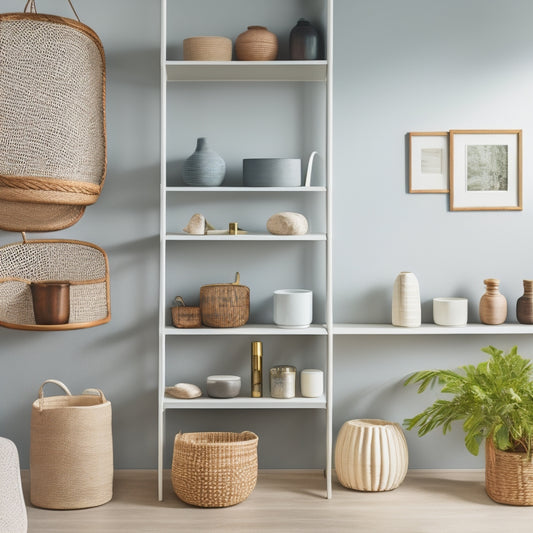 A bright, modern room with a minimalist aesthetic, featuring a mix of open shelving, woven baskets, and sleek cabinets in a soothing color palette, with a few carefully placed decorative objects.