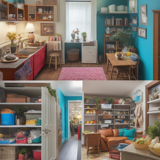A cluttered, 300-square-foot apartment with a messy kitchen, overflowing closet, and cramped living room, contrasted with a tidy, organized version of the same space featuring multi-functional furniture and clever shelving.