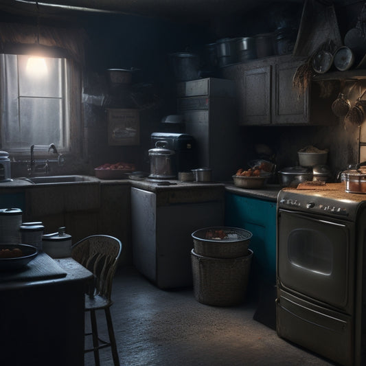 A dimly lit kitchen scene with dusty, forgotten appliances and expired canned goods stacked haphazardly in the corner, surrounded by cobwebs and a few stray crumbs.