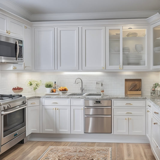 A tidy, L-shaped kitchen with sleek white cabinets, warm beige countertops, and stainless steel appliances, featuring a pull-out pantry, a utensil organizer, and a mounted spice rack above a cooktop.