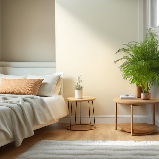 A serene, minimalist bedroom with a plush, cream-colored area rug, a sleek, low-profile bed frame, and a sparse, organized nightstand with a single, delicate potted plant.