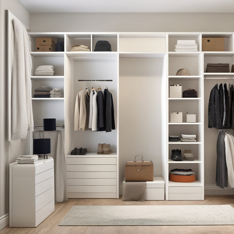 A minimalist, modern closet with sleek, floor-to-ceiling shelves and a large, circular, rotating clothing rack in the center, surrounded by a laptop and scattered design sketches.