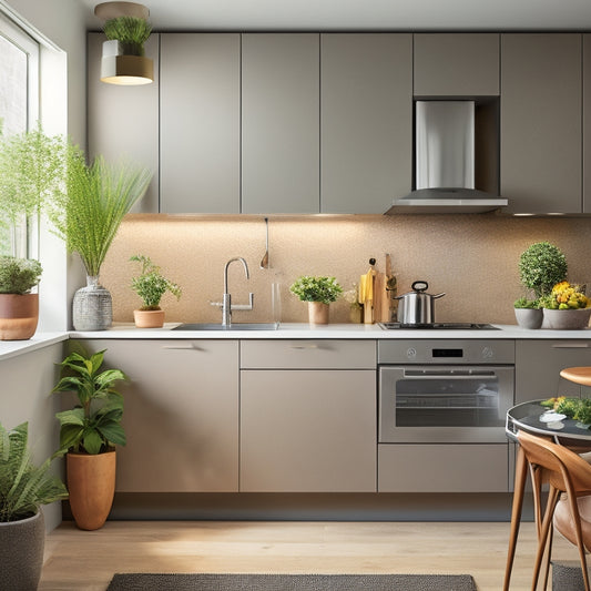 A tidy, modern kitchen counter with a built-in utensil organizer, a slide-out spice rack, and a cleverly hidden trash can, surrounded by sleek appliances and a few strategically placed potted plants.