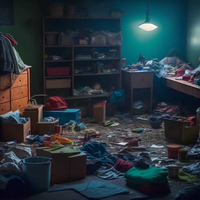 A cluttered, dimly lit room with overflowing shelves, piles of clothes, and broken furniture, surrounded by torn papers, scattered toys, and empty food containers, with a faint sense of desperation.