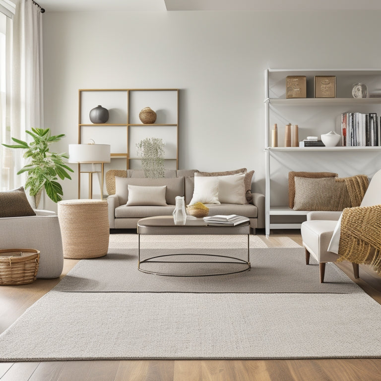 Generate an image of a sleek, modern living room with a neutral color palette, featuring a stylish storage ottoman, a minimalist shelving unit, and a woven basket coffee table.