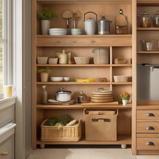 A clutter-free corner cabinet with adjustable shelves, baskets, and dividers, showcasing organized kitchen utensils, cookbooks, and decorative items in a warm, natural wood tone with soft, golden lighting.