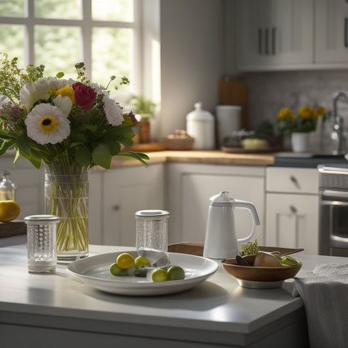 A tidy kitchen counter with a few strategically placed containers, a small lazy Susan, and a roll of paper towels, surrounded by a few sparkling clean appliances and a vase with fresh flowers.