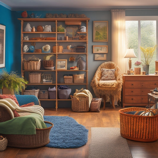 An image of a tidy, well-lit senior's living room with a few, neatly labeled storage bins and baskets, a compact shelving unit, and a senior comfortably sitting in a clutter-free space.