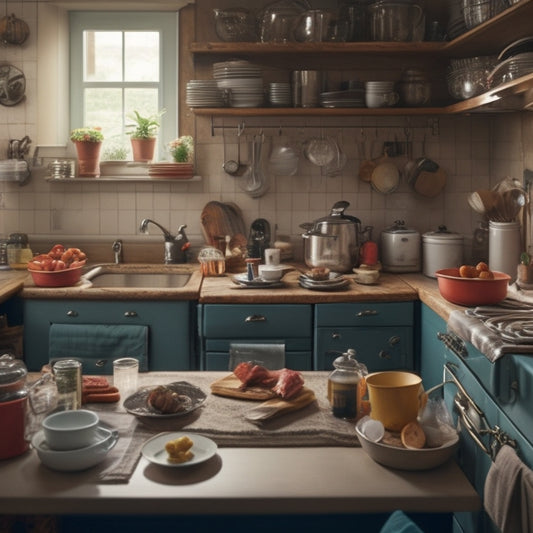 A cluttered tiny kitchen with crowded countertops, stacked dirty dishes, and a messy sink, juxtaposed with a clean and organized version of the same kitchen with minimal decorations and ample space.