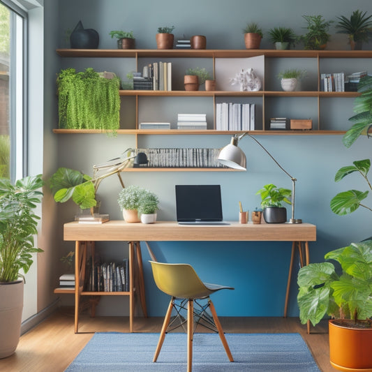 A tidy, modern home office with a minimalist desk, a sleek laptop, and a few carefully placed, color-coded folders, surrounded by a few well-organized shelves and a small, potted plant.