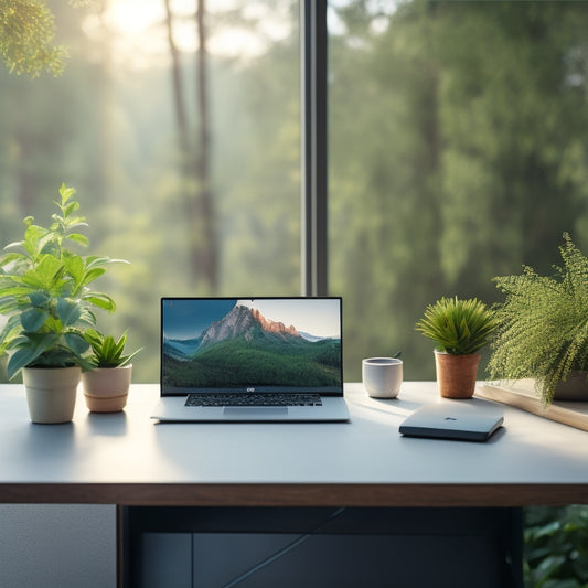 A serene, minimalist desk with a few neatly organized digital devices, surrounded by calming plants and a subtle, blurred background of a peaceful outdoor scenery.