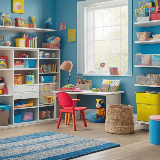 A tidy playroom with a wall-mounted shelving unit, colorful bins, and baskets filled with toys, a kid's desk with a few organized art supplies, and a small, plush area rug.