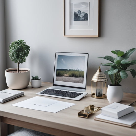 A serene, minimalist desk with a few, neatly organized photography albums and a sleek laptop, surrounded by a few framed photos and a small potted plant, against a soft, creamy background.