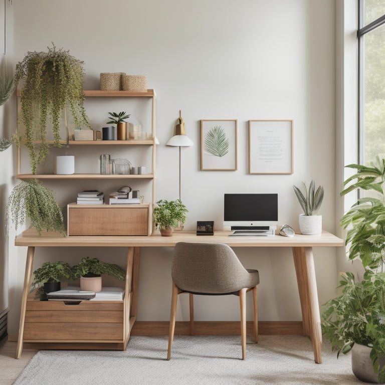 A serene, minimalist home office with a sleek, wooden desk, a few, strategically-placed plants, and a pegboard with neatly-organized office supplies, set against a soft, creamy background.