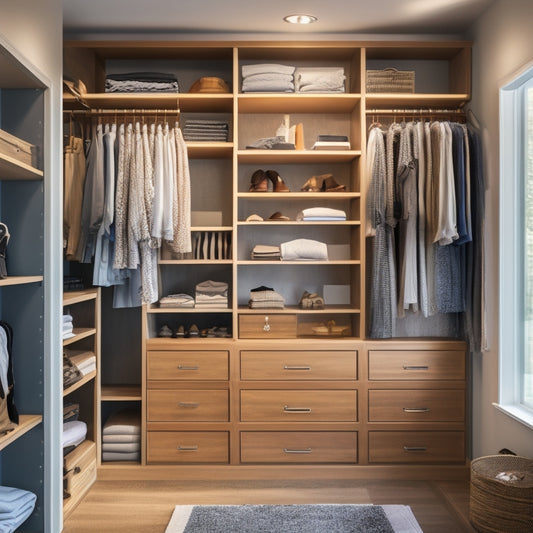 A serene, well-lit closet interior with various shelving systems: floating shelves in a soft wood tone, adjustable metal shelves with rounded edges, and a custom-built shelving unit with soft-close drawers.