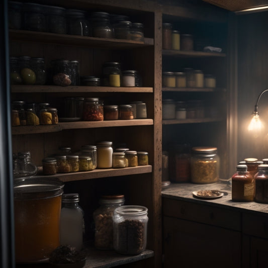 A dimly lit, cluttered kitchen cabinet with worn wooden shelves, overflowing with expired canned goods, dusty jars, and mysterious Tupperware, with a few suspicious crumbs and spills scattered about.