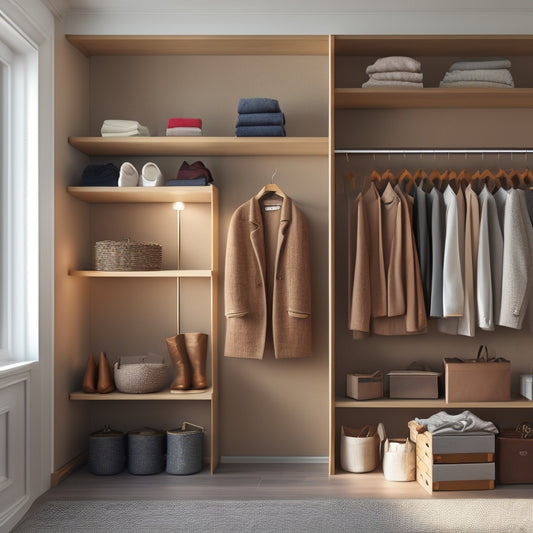 A tidy, minimalist closet with a few, stylishly arranged outfits on wooden hangers, surrounded by empty shelves and a few neatly stacked boxes, with a faint, soft light casting a warm glow.