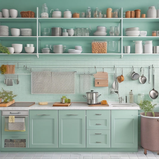 A tidy, L-shaped kitchen with mint-green cabinets, a white quartz countertop, and a stainless steel sink, featuring a pegboard with hanging utensils and a slide-out spice rack.