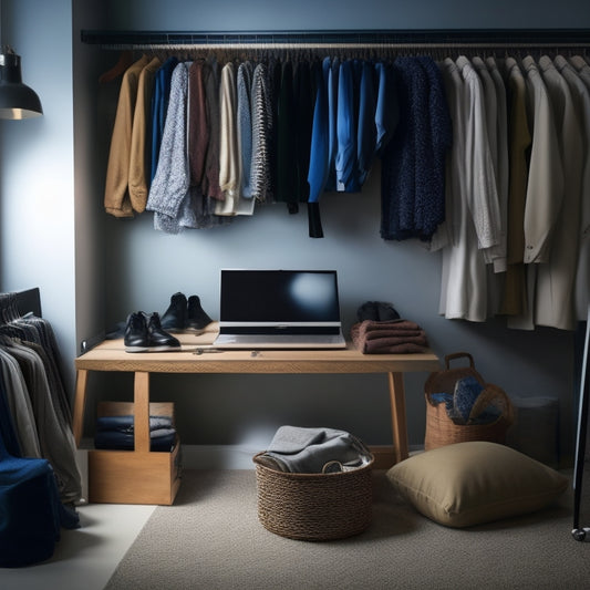 A cluttered closet with clothes scattered on the floor, next to a laptop with a minimalist closet design on the screen, surrounded by design tools and a measuring tape.