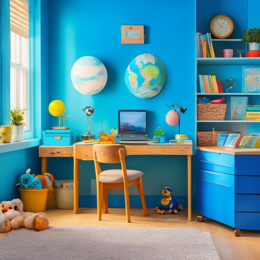 A clutter-free, well-organized homeschooling area with a compact desk, shelves, and storage bins, featuring a globe, books, and a few toys, set against a calm, light-blue background.