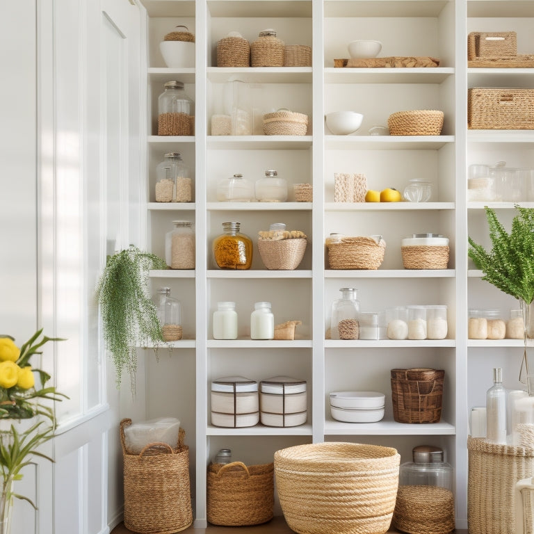 A bright, modern pantry with creamy white shelves, lined with woven baskets, glass jars, and ceramic canisters, arranged by category, with a few decorative vases and greenery adding warmth.