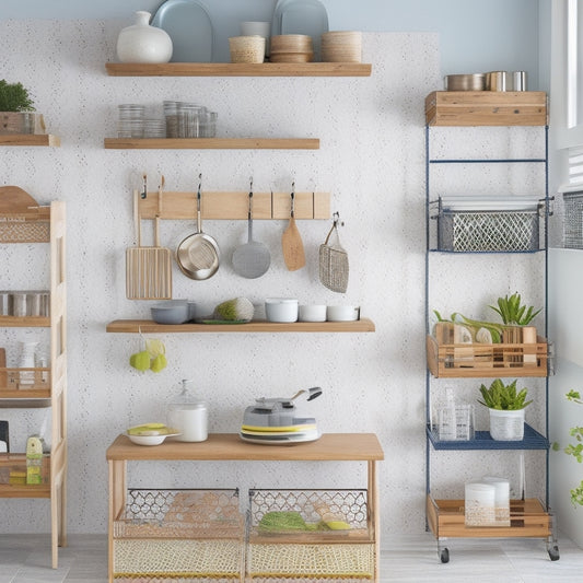 A bright, modern kitchen with a mix of open and closed storage units, showcasing a pegboard with hanging utensils, a pull-out spice rack, and a stylish cart with woven baskets.