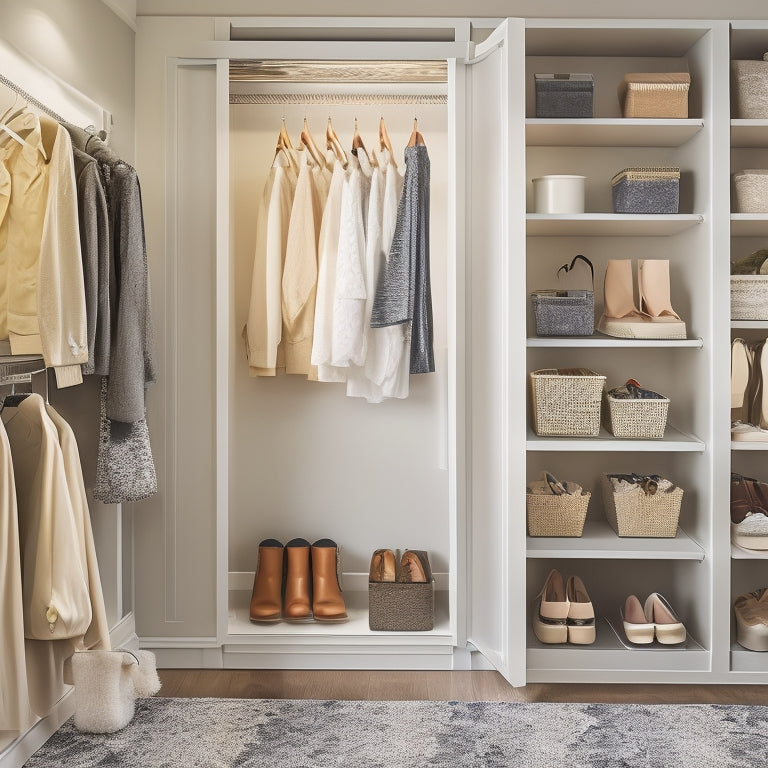 A clutter-free, well-organized top shelf closet with stackable storage bins, a shoe organizer, and hanging rods, illuminated by soft, warm lighting, with a few stylish decorative pieces.