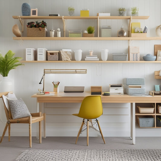 A serene, modern home office with a wooden desk, a few organized files, and a few colorful pens, surrounded by a pegboard with neatly hung baskets and bins, against a soft, creamy background.