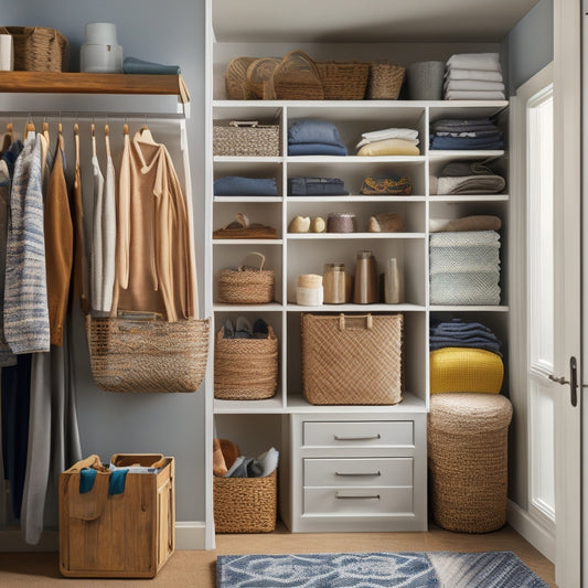 A serene, well-lit reach-in closet with a mix of shelves, drawers, and hanging rods, showcasing various DIY organizers like woven baskets, velvet hooks, and a pegboard with accessories.