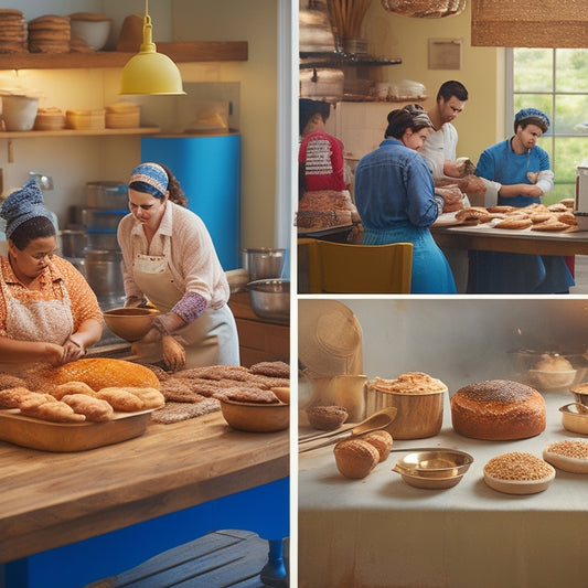 A warm and inviting bakery scene: students of diverse ages and abilities, wearing aprons, working together at wooden tables, surrounded by mixing bowls, utensils, and freshly baked goods, with natural light pouring in.