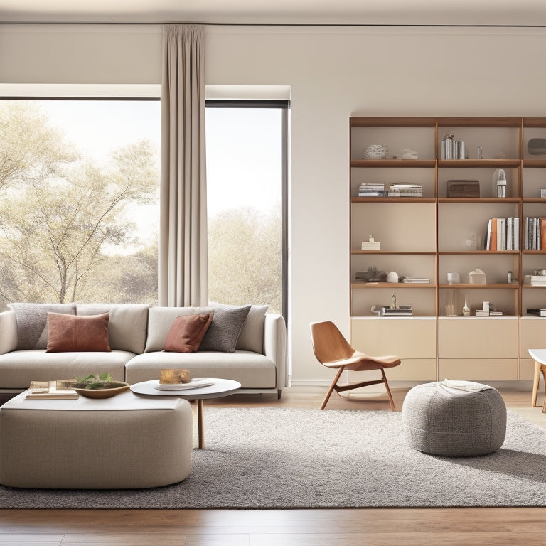 A minimalist, modern living room with a murphy bed, floating shelves, and a compact sofa, surrounded by large windows and a small, circular coffee table.