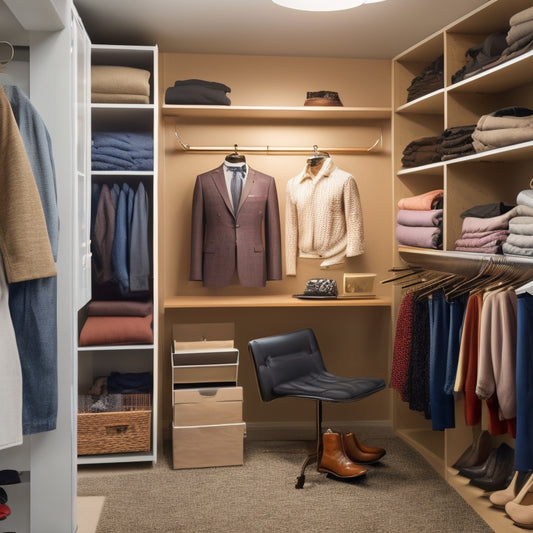 A tidy closet interior with a laptop on a shelf, surrounded by organized clothes and shoes, with a virtual tablet screen displaying a digital closet organizer app in the foreground.