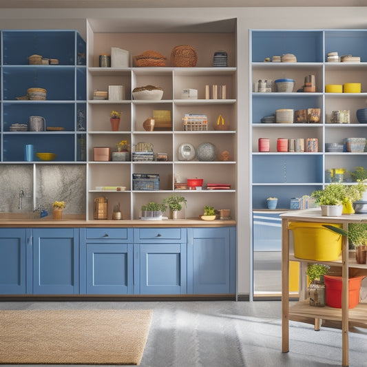 A clutter-free room with a mix of modern shelving units, colorful storage bins, and custom cabinetry, showcasing a seamless blend of form and function.