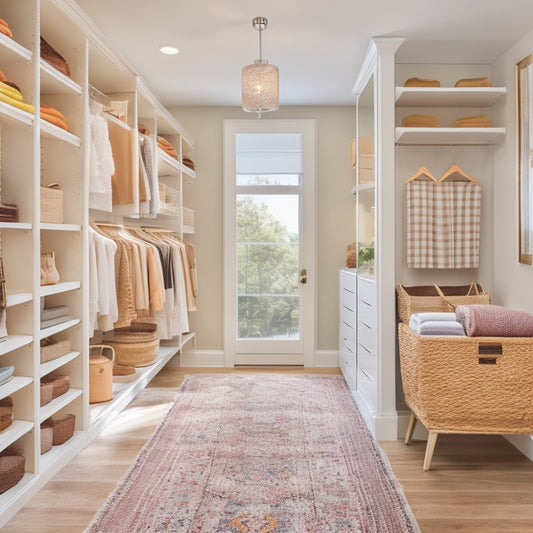 A bright, airy walk-in closet with sleek white shelves, polished chrome rods, and woven baskets, surrounded by mirrors and a plush area rug, with a few stylish outfits and accessories on display.