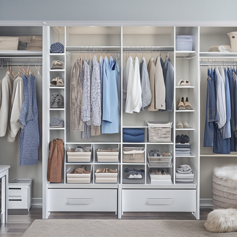 A tidy closet with a double rod, shelves, and a shoe organizer, featuring a mix of hanging clothes, folded items, and storage bins, all arranged in a harmonious and efficient layout.