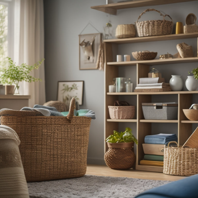 A tidy living room with a built-in shelving unit, a woven storage basket, and a few organized decorative items, surrounded by a faint blurred background of DIY tools and materials.