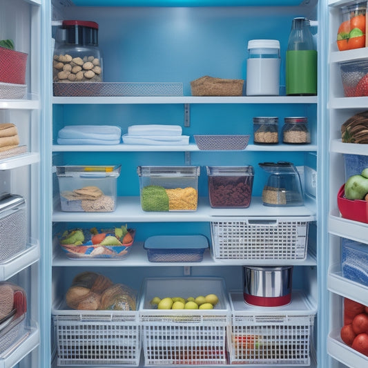 An organized refrigerator interior with colorful containers, labeled baskets, and a pegboard on the door, showcasing a utensil holder, a rotating can organizer, and a shelf divider.