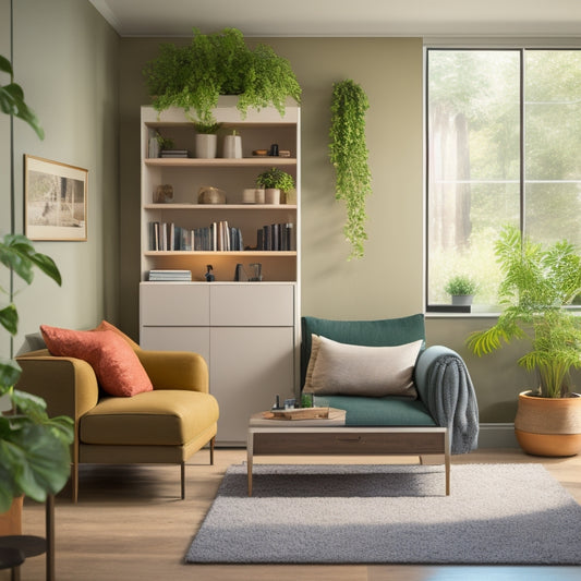 A minimalist living room with a murphy bed, floating shelves, and a storage ottoman, surrounded by lush greenery and soft, warm lighting, with a subtle urban loft aesthetic.