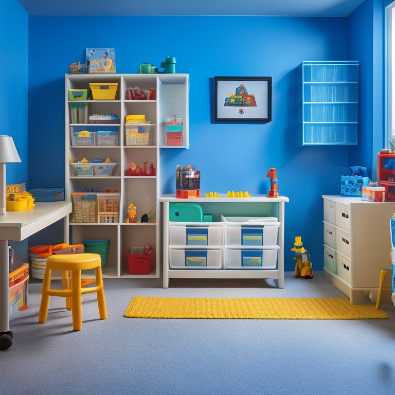 A tidy, well-lit playroom with a variety of Lego storage solutions: stacked plastic bins, a wall-mounted shelf with small drawers, and a rotating turntable with compartmentalized trays.